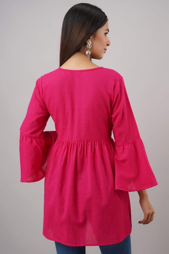 JAIPURETHNICWEAVESWomen's Cotton Slub Solid Flared Tunic (Pink)