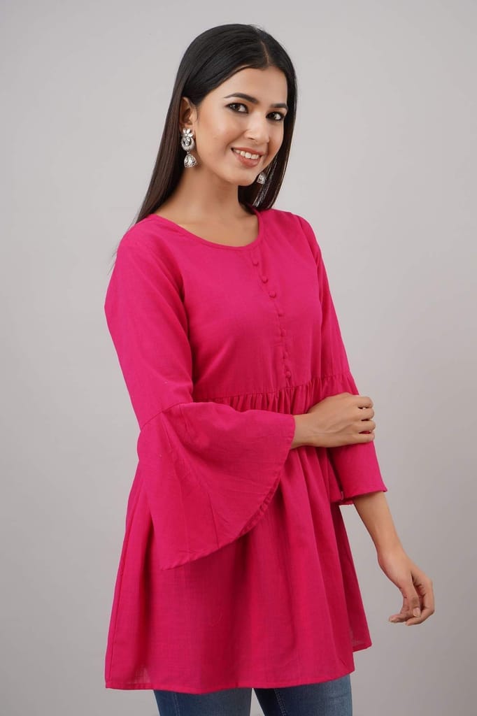 JAIPURETHNICWEAVESWomen's Cotton Slub Solid Flared Tunic (Pink)