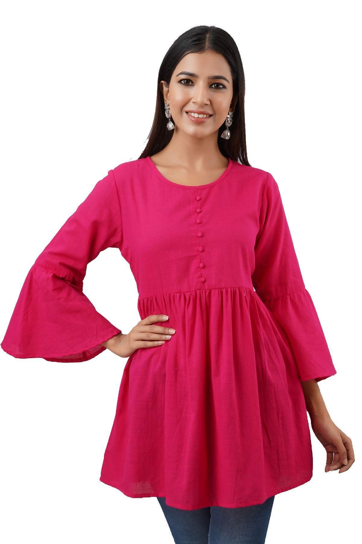 JAIPURETHNICWEAVESWomen's Cotton Slub Solid Flared Tunic (Pink)