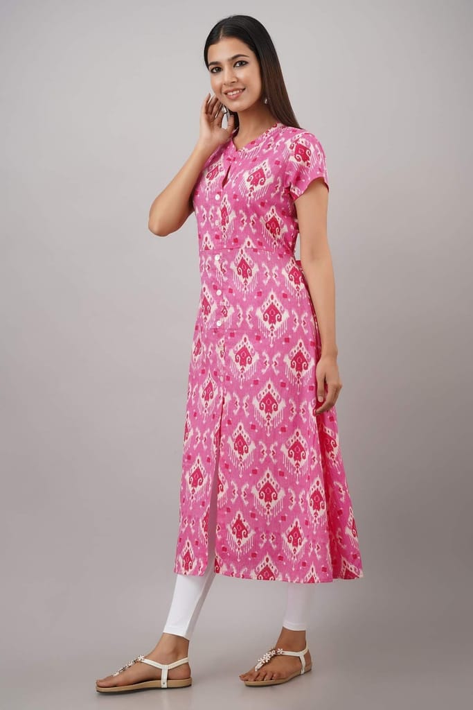 JAIPURETHNICWEAVES Women's Cotton Cambric Ikat Print A-Line Kurta