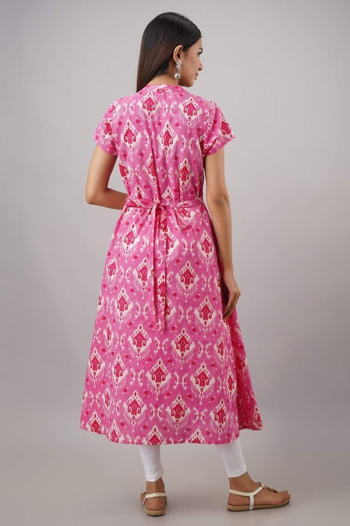 JAIPURETHNICWEAVES Women's Cotton Cambric Ikat Print A-Line Kurta