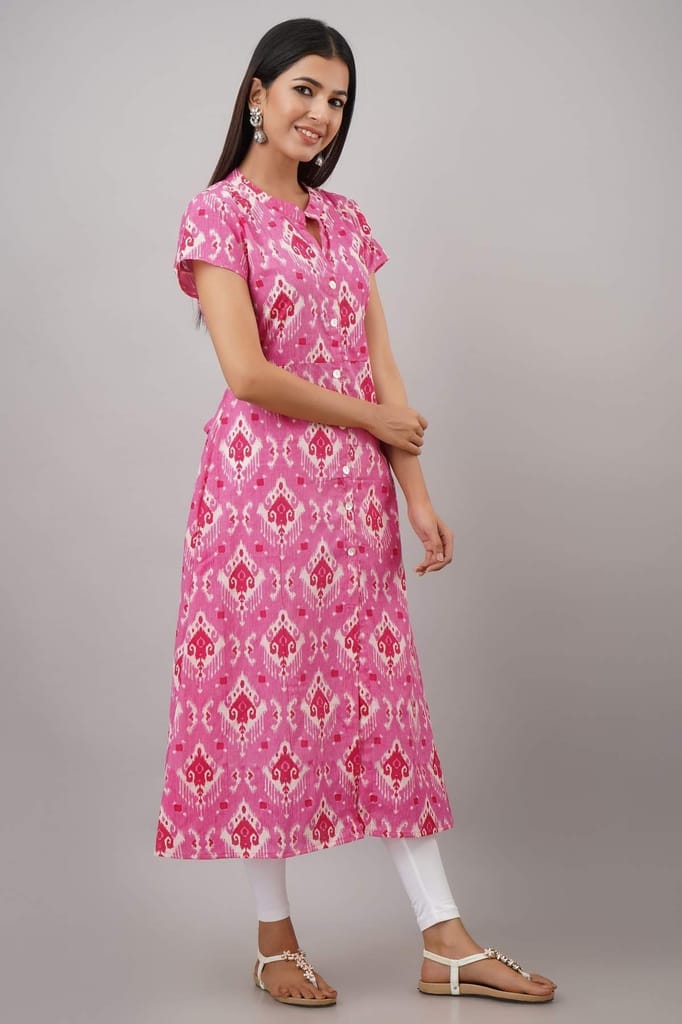 JAIPURETHNICWEAVES Women's Cotton Cambric Ikat Print A-Line Kurta