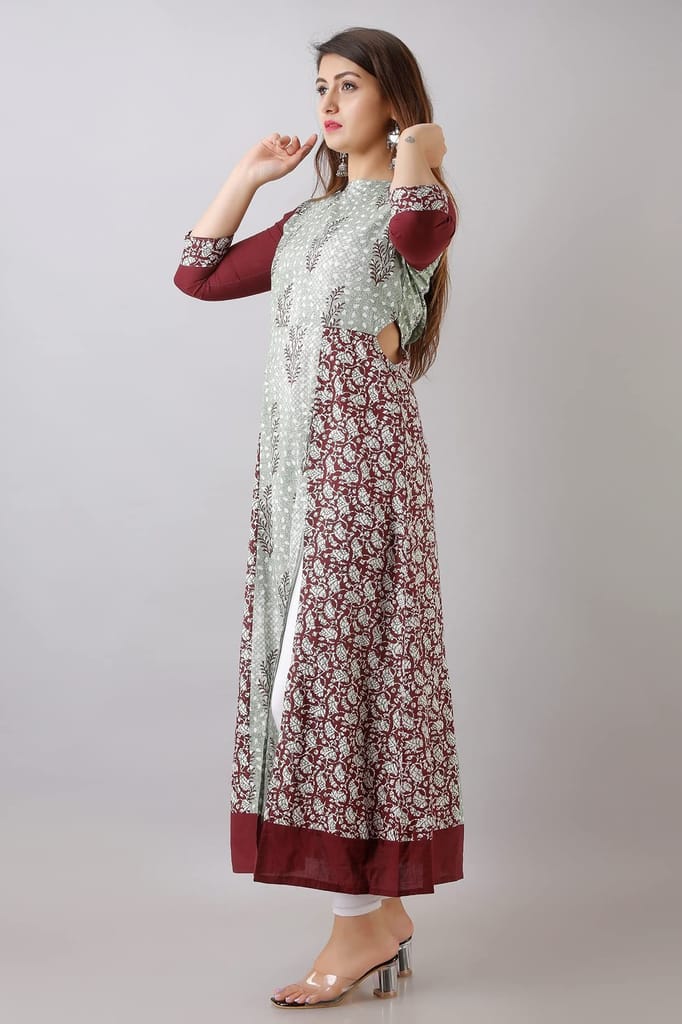 JAIPURETHNICWEAVESWomens Cotton Buti Print A-Line Kurta (Maroon & Green)