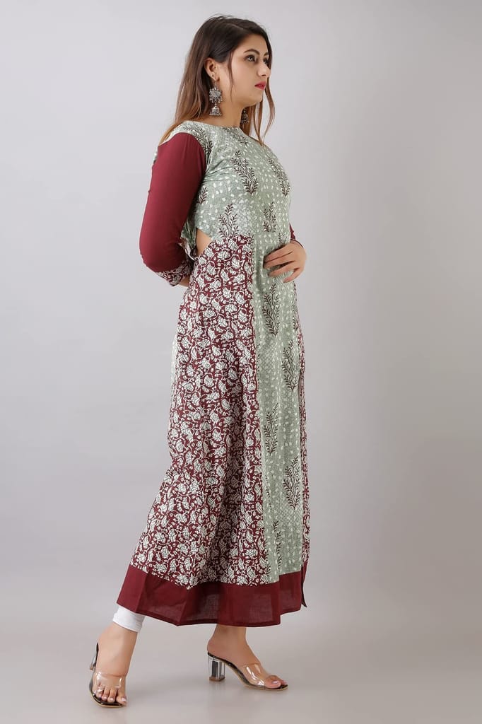 JAIPURETHNICWEAVESWomens Cotton Buti Print A-Line Kurta (Maroon & Green)