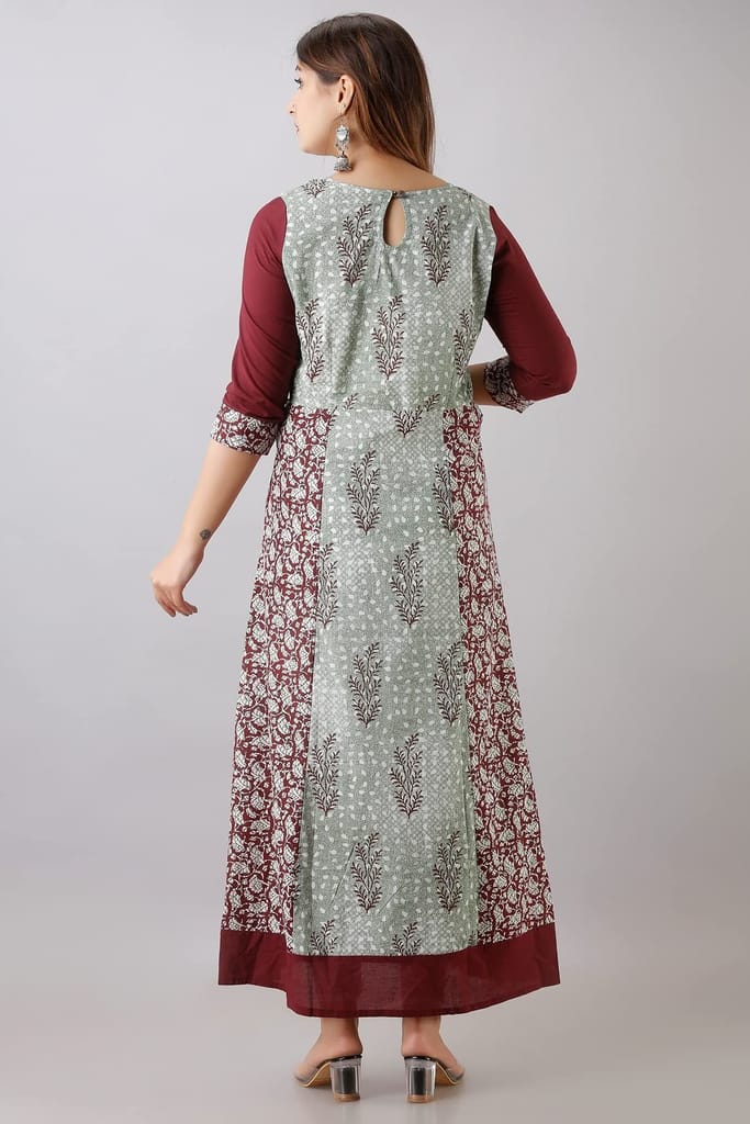 JAIPURETHNICWEAVESWomens Cotton Buti Print A-Line Kurta (Maroon & Green)
