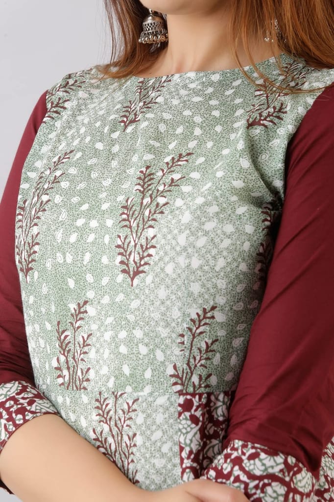 JAIPURETHNICWEAVESWomens Cotton Buti Print A-Line Kurta (Maroon & Green)