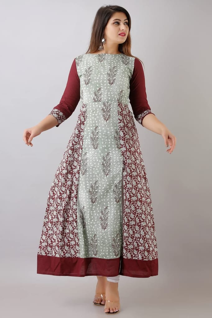 JAIPURETHNICWEAVESWomens Cotton Buti Print A-Line Kurta (Maroon & Green)