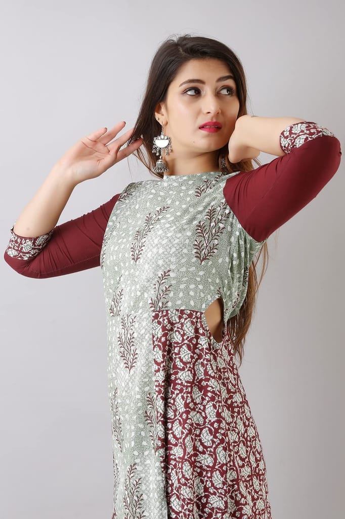JAIPURETHNICWEAVESWomens Cotton Buti Print A-Line Kurta (Maroon & Green)