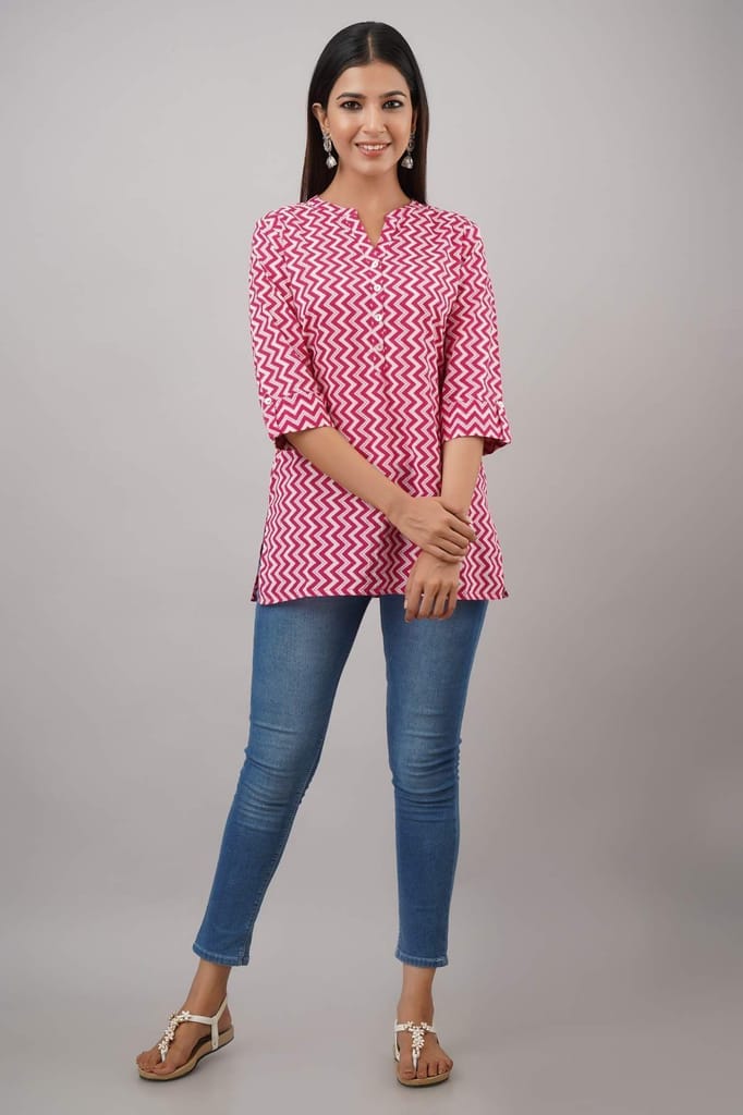 JAIPURETHNICWEAVES Women's Cotton Cambric Block Print Straight Tunic (Pink)