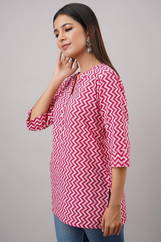 JAIPURETHNICWEAVES Women's Cotton Cambric Block Print Straight Tunic (Pink)