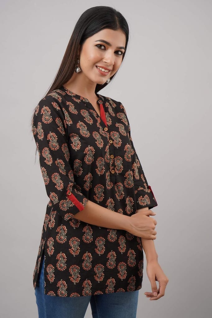 JAIPURETHNICWEAVESWomen's Cotton Cambric Block Print Straight Tunic (Black)