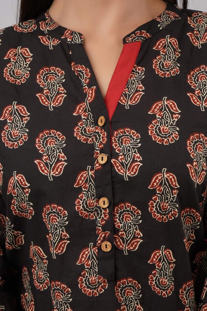 JAIPURETHNICWEAVESWomen's Cotton Cambric Block Print Straight Tunic (Black)