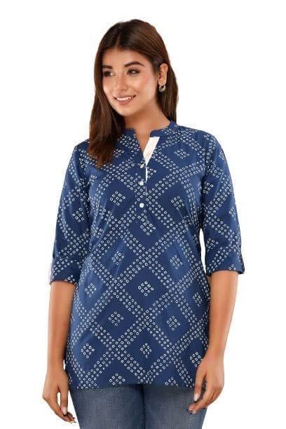 JAIPURETHNICWEAVES Womens Cotton Cambric Bandhani Print Straight Tunic (Blue)