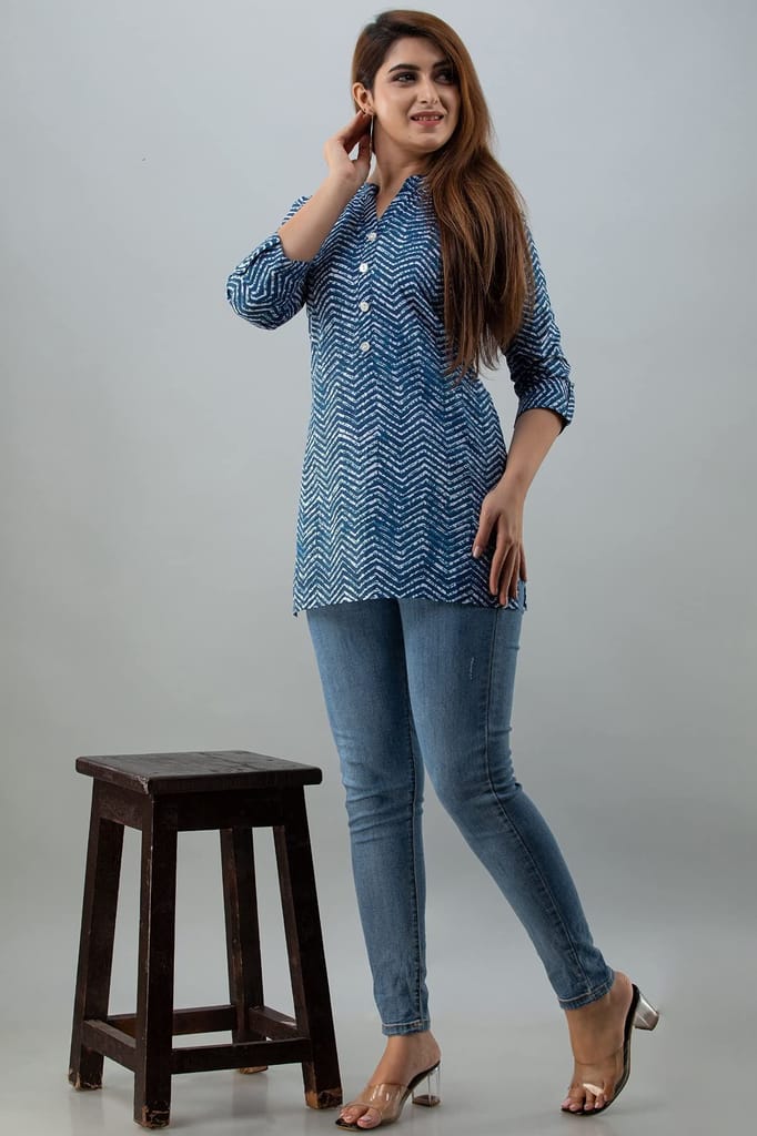 JAIPURETHNICWEAVESWomens Cotton Cambric Block Print Straight Tunic (Blue)