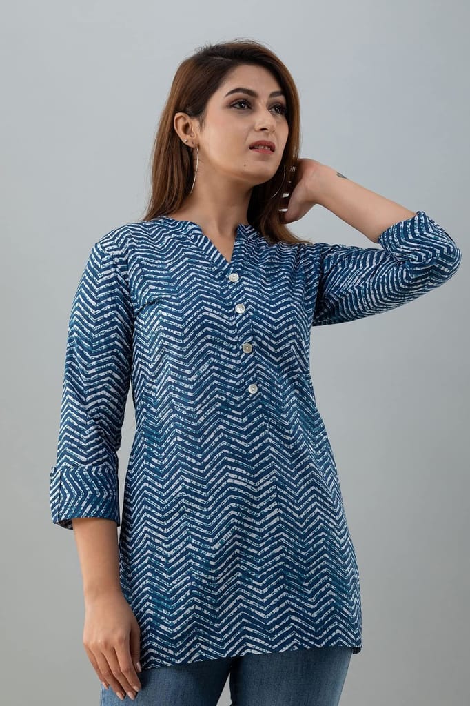 JAIPURETHNICWEAVESWomens Cotton Cambric Block Print Straight Tunic (Blue)