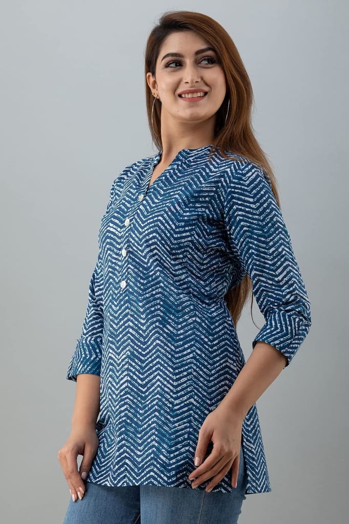 JAIPURETHNICWEAVESWomens Cotton Cambric Block Print Straight Tunic (Blue)
