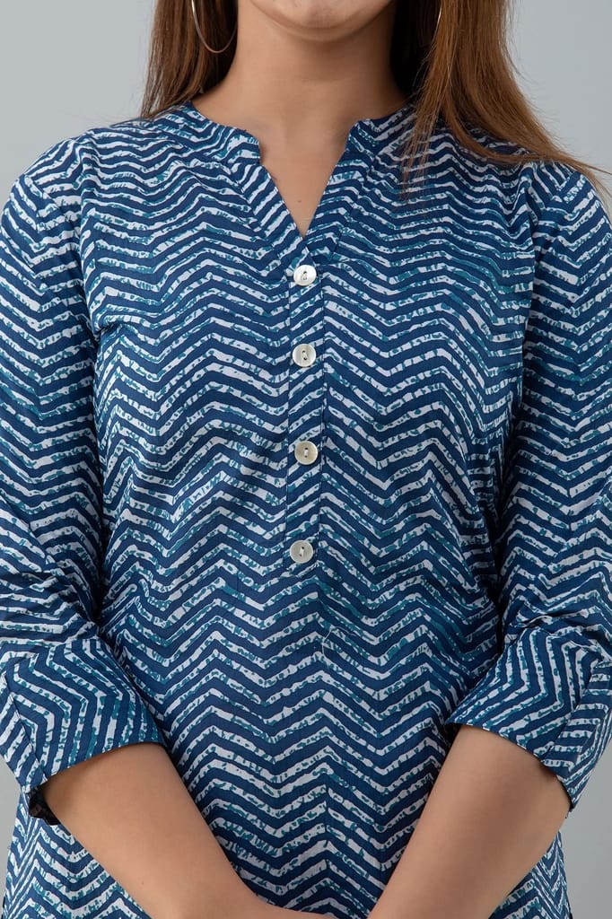 JAIPURETHNICWEAVESWomens Cotton Cambric Block Print Straight Tunic (Blue)