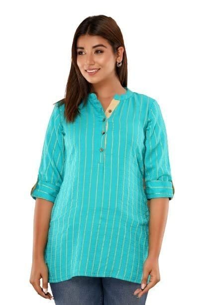 JAIPURETHNICWEAVES Womens Cotton Cambric Stripes Print Straight Tunic (Turquoise Blue)