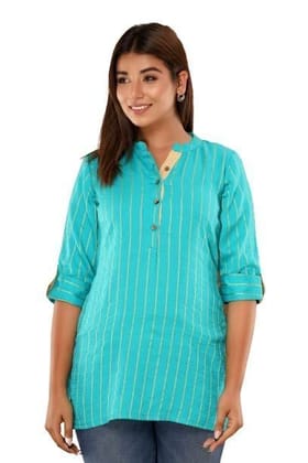 JAIPURETHNICWEAVES Womens Cotton Cambric Stripes Print Straight Tunic (Turquoise Blue)