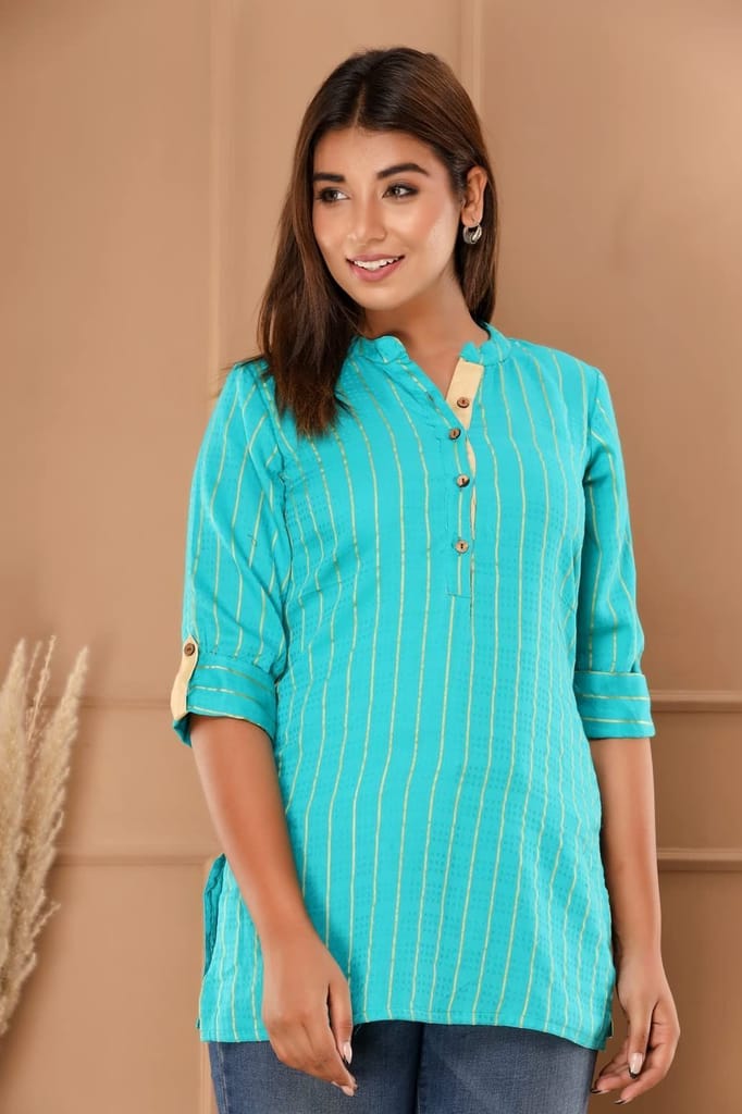 JAIPURETHNICWEAVES Womens Cotton Cambric Stripes Print Straight Tunic (Turquoise Blue)