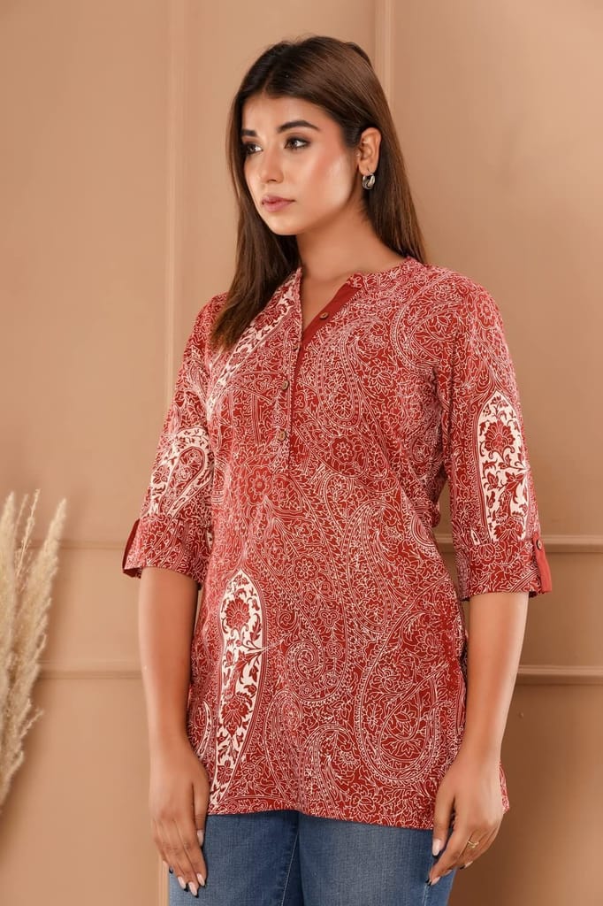 JAIPURETHNICWEAVES Womens Cotton Cambric Floral and Paisley Print Straight Tunic (Maroon)