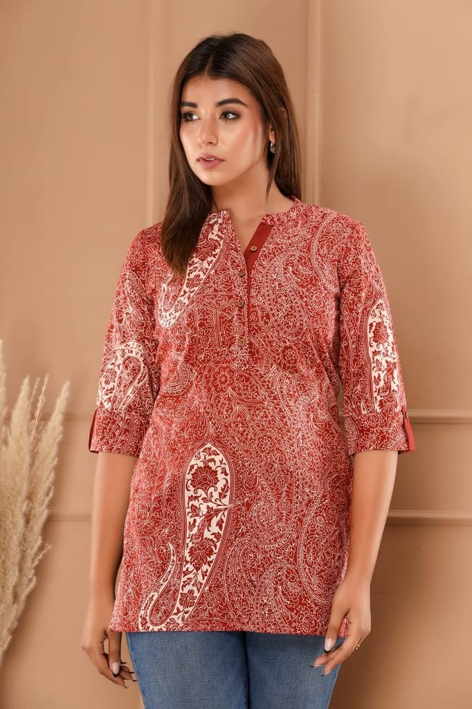 JAIPURETHNICWEAVES Womens Cotton Cambric Floral and Paisley Print Straight Tunic (Maroon)