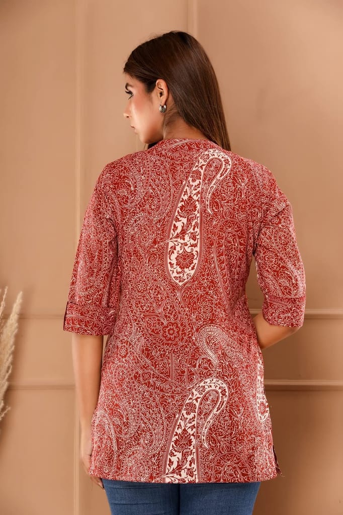 JAIPURETHNICWEAVES Womens Cotton Cambric Floral and Paisley Print Straight Tunic (Maroon)