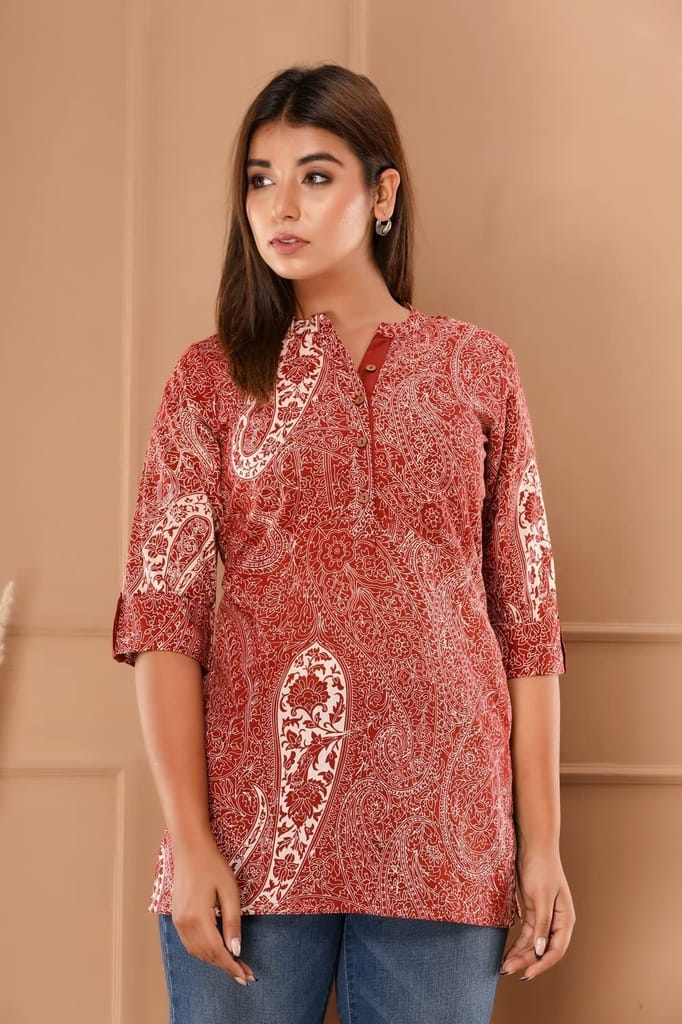 JAIPURETHNICWEAVES Womens Cotton Cambric Floral and Paisley Print Straight Tunic (Maroon)