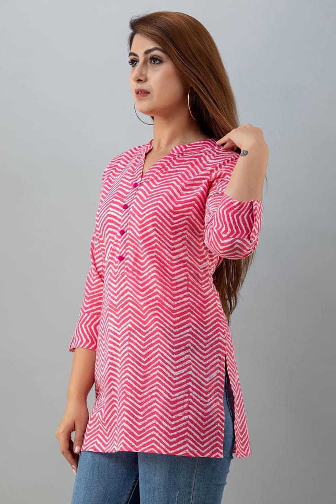 JAIPURETHNICWEAVESWomens Cotton Cambric Block Print Straight Tunic (Pink)