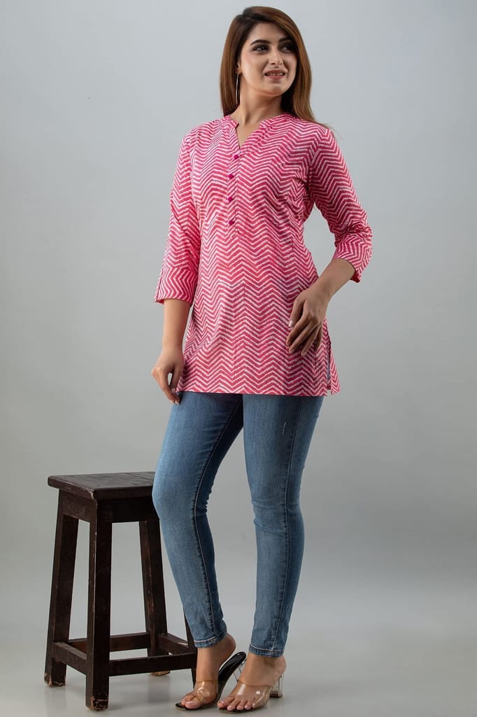 JAIPURETHNICWEAVESWomens Cotton Cambric Block Print Straight Tunic (Pink)