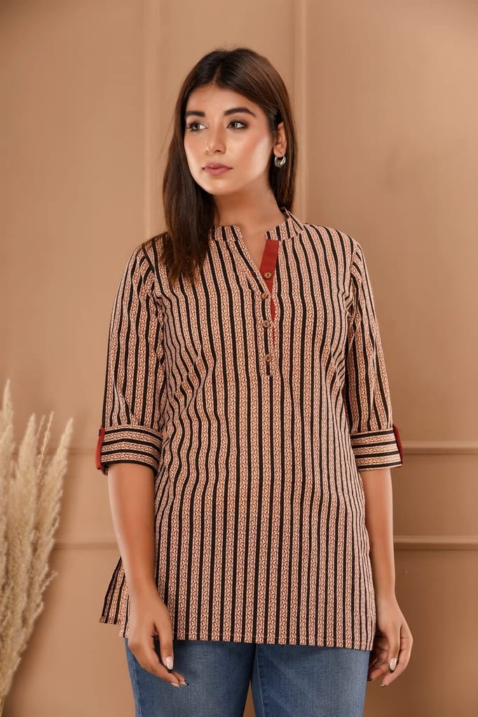 JAIPURETHNICWEAVES Womens Cotton Cambric Stripes Print Straight Tunic (Black)