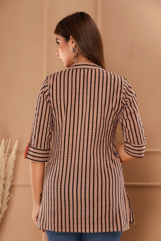 JAIPURETHNICWEAVES Womens Cotton Cambric Stripes Print Straight Tunic (Black)