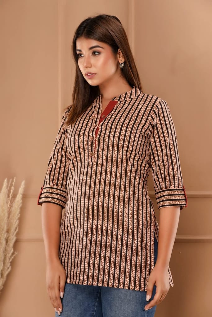 JAIPURETHNICWEAVES Womens Cotton Cambric Stripes Print Straight Tunic (Black)