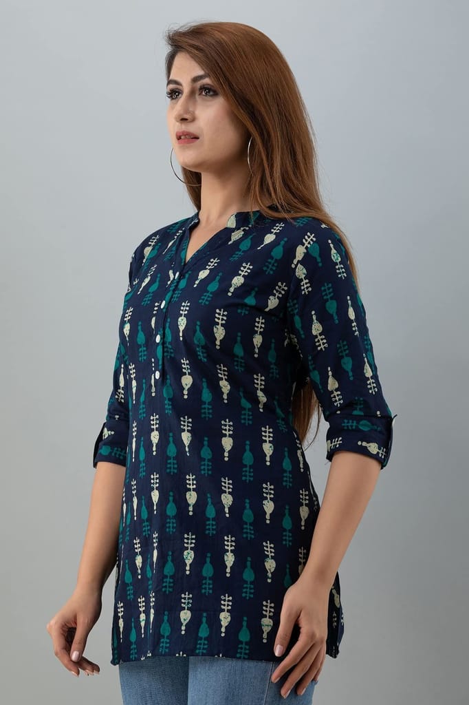 JAIPURETHNICWEAVESWomens Cotton Cambric Block Print Straight Tunic (Dark Blue)