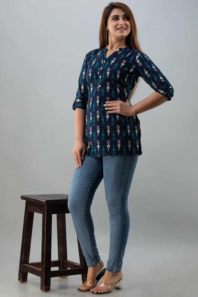 JAIPURETHNICWEAVESWomens Cotton Cambric Block Print Straight Tunic (Dark Blue)