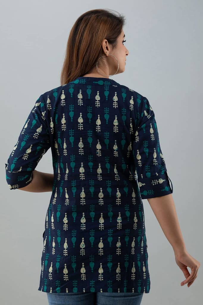 JAIPURETHNICWEAVESWomens Cotton Cambric Block Print Straight Tunic (Dark Blue)