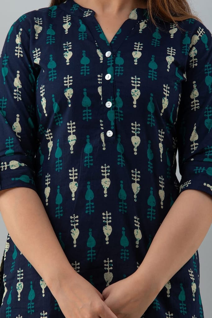 JAIPURETHNICWEAVESWomens Cotton Cambric Block Print Straight Tunic (Dark Blue)