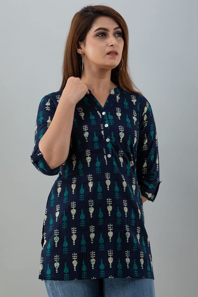JAIPURETHNICWEAVESWomens Cotton Cambric Block Print Straight Tunic (Dark Blue)