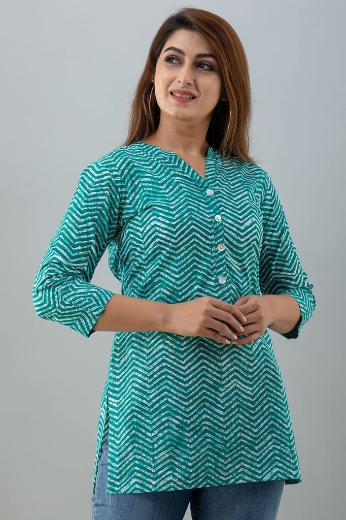 JAIPURETHNICWEAVESWomens Cotton Cambric Block Print Straight Tunic (Turquoise)