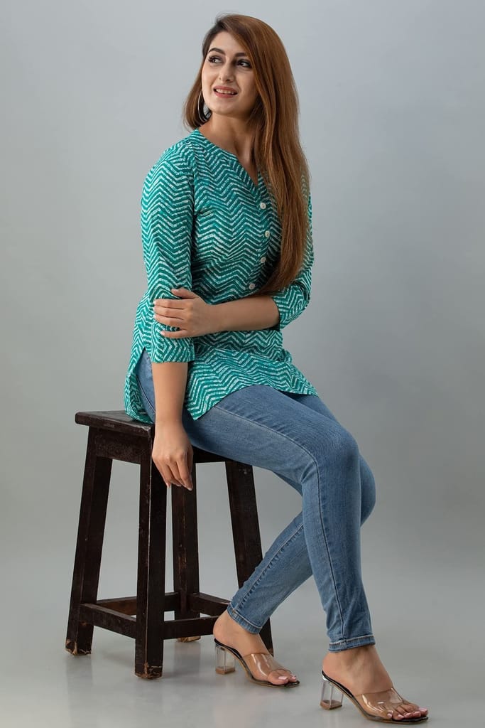 JAIPURETHNICWEAVESWomens Cotton Cambric Block Print Straight Tunic (Turquoise)
