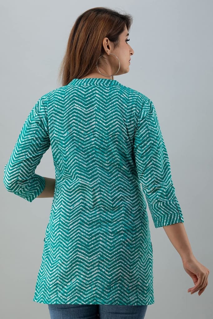 JAIPURETHNICWEAVESWomens Cotton Cambric Block Print Straight Tunic (Turquoise)