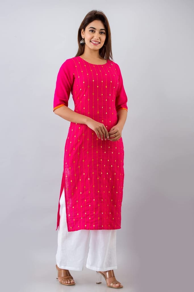 JAIPURETHNICWEAVESWomens Cotton Blend Embellished Straight Kurta (Pink)