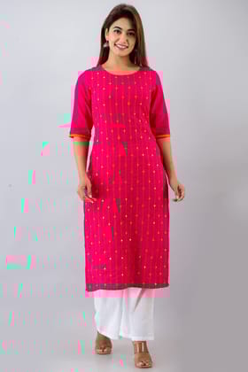 JAIPURETHNICWEAVESWomens Cotton Blend Embellished Straight Kurta (Pink)
