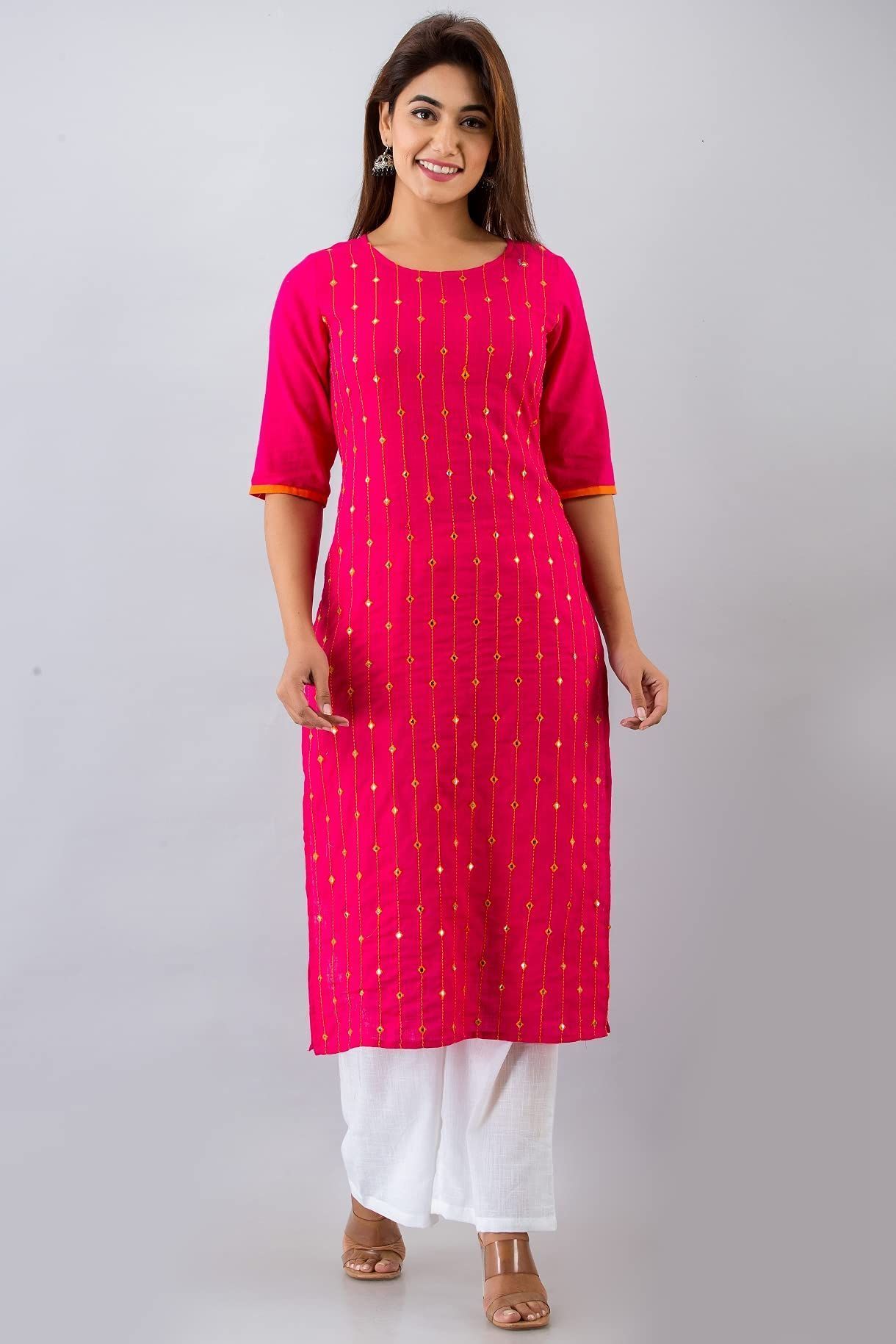 JAIPURETHNICWEAVESWomens Cotton Blend Embellished Straight Kurta (Pink)