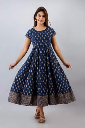 JAIPURETHNICWEAVESWomens Cotton Paisley Print Anarkali Kurta (Navy)