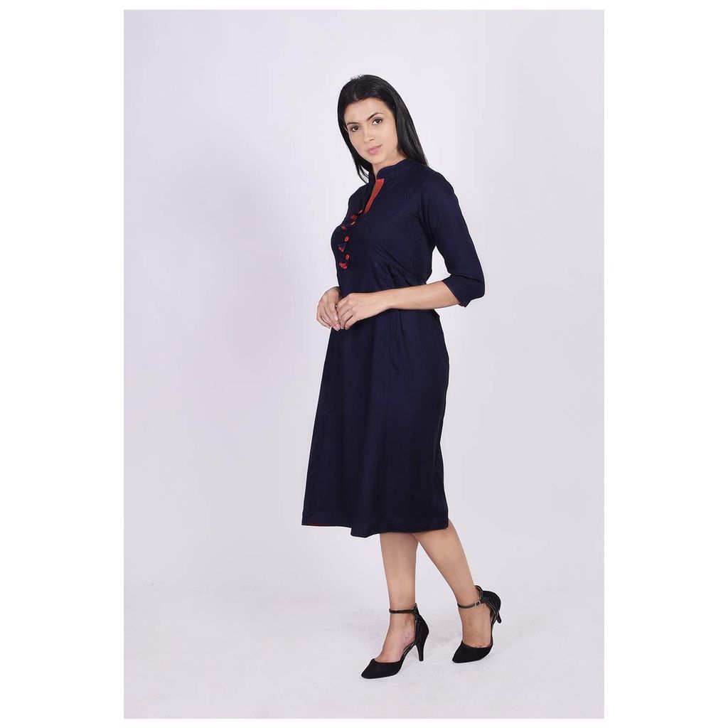 JAIPURETHNICWEAVES Women's Rayon Solid A-Line Kurta (Navy)