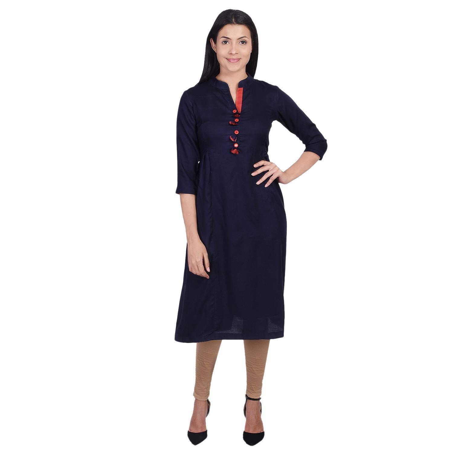 JAIPURETHNICWEAVES Women's Rayon Solid A-Line Kurta (Navy)
