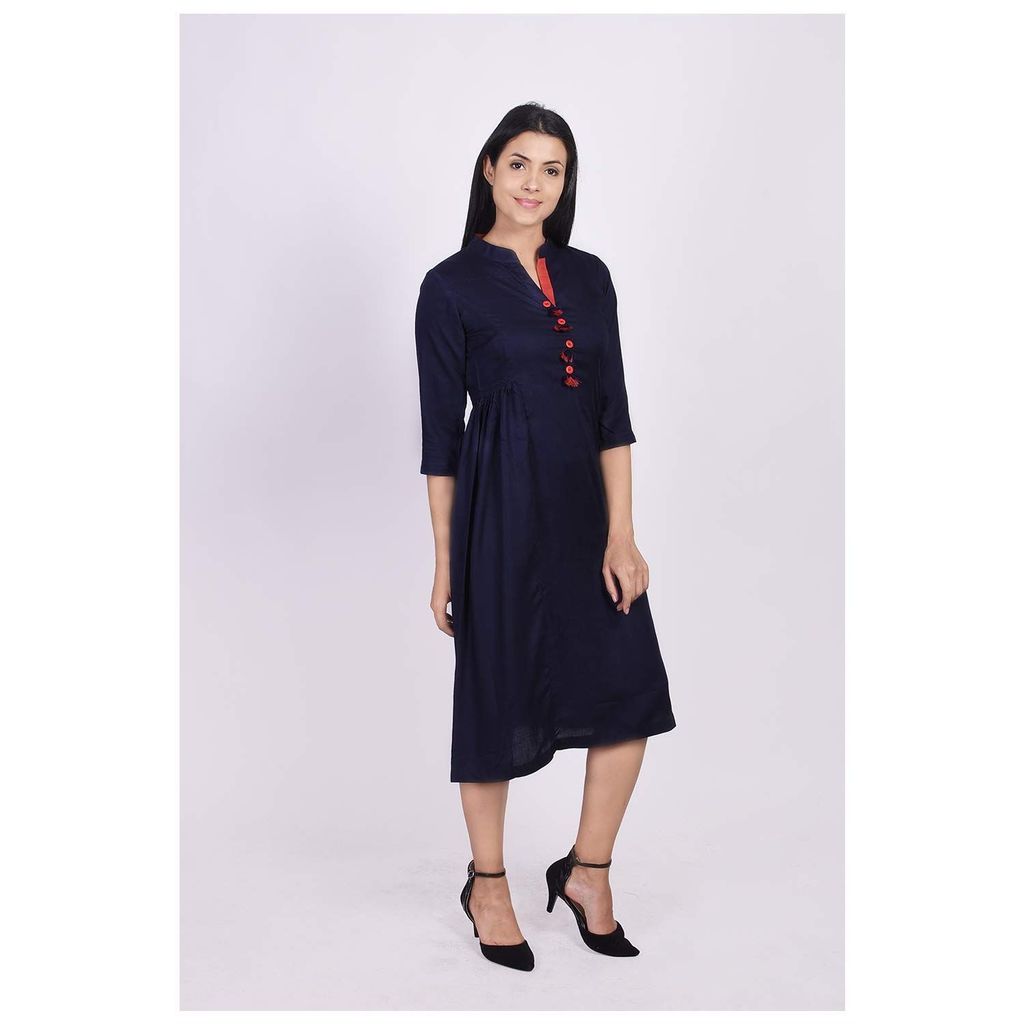 JAIPURETHNICWEAVES Women's Rayon Solid A-Line Kurta (Navy)