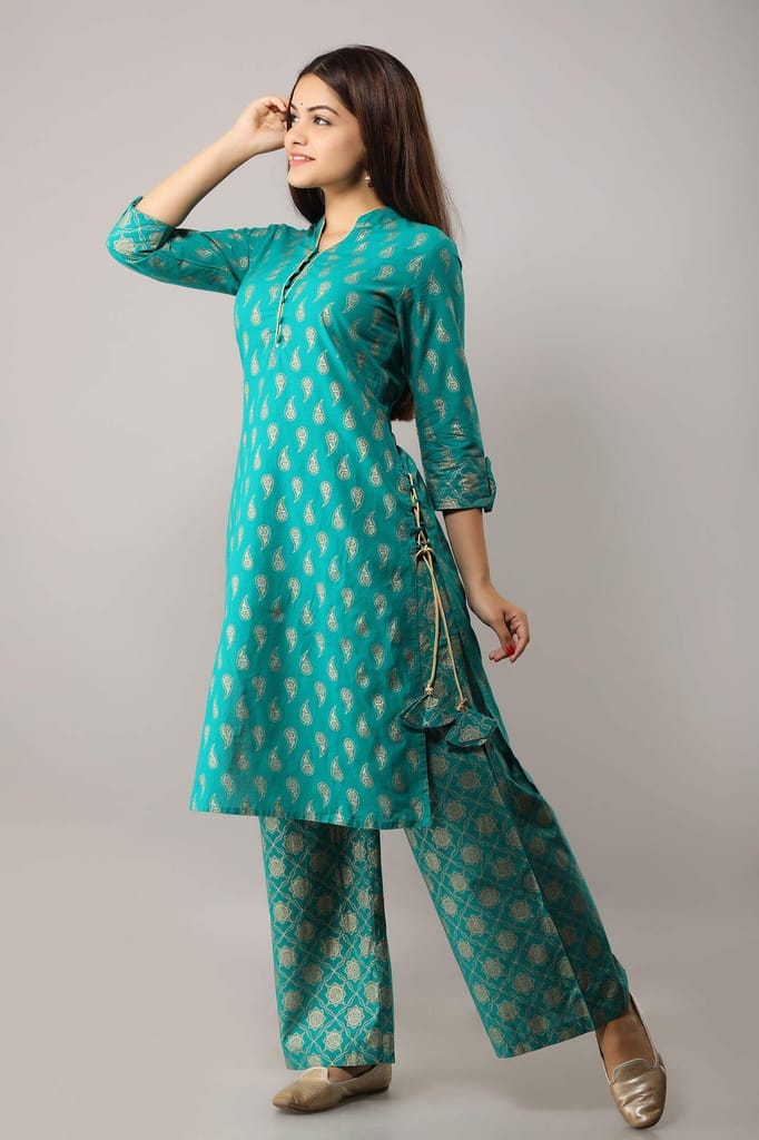 JAIPURETHNICWEAVES Women's Cotton Gold Printed Straight Kurta With Palazzo Set