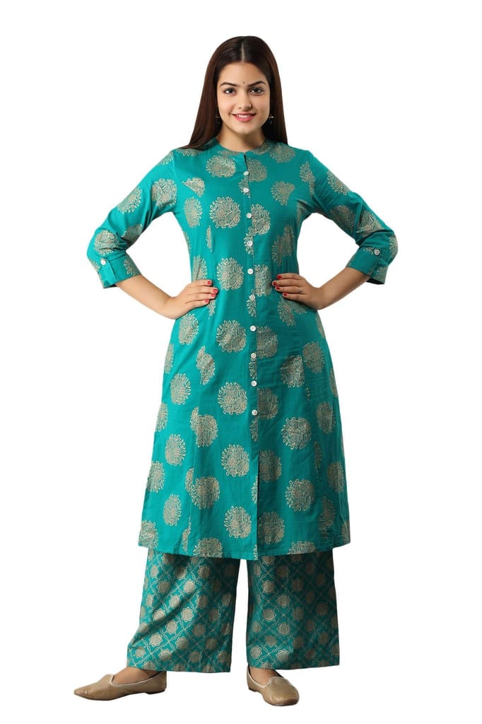 JAIPURETHNICWEAVES Women's Cotton Printed A-Line Kurta (Rama Green)